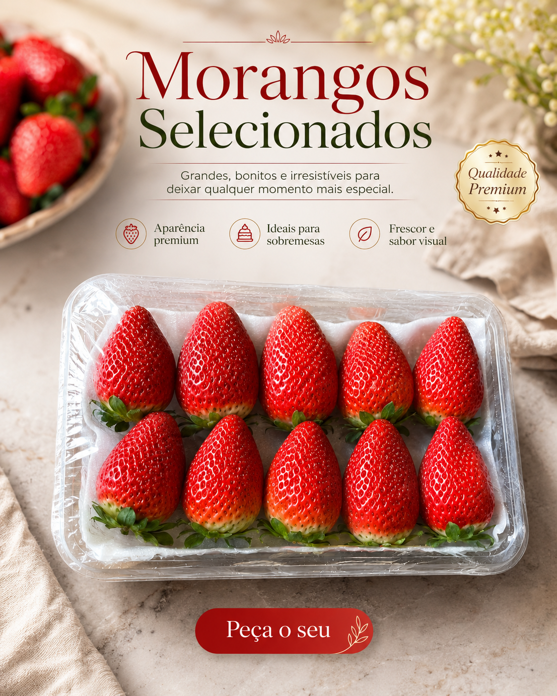 Criativo de anúncio gerado com prompt da biblioteca Promptuai: morangos