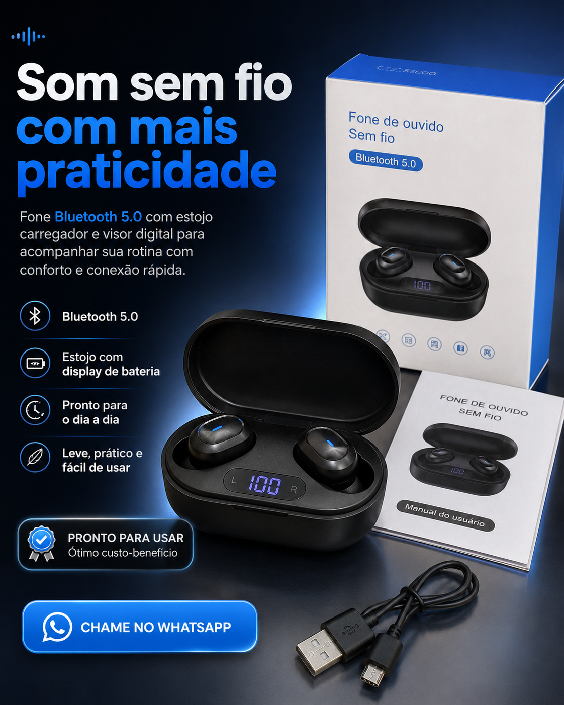 Criativo de anúncio gerado com prompt da biblioteca Promptuai: fone de ouvido bluetooth