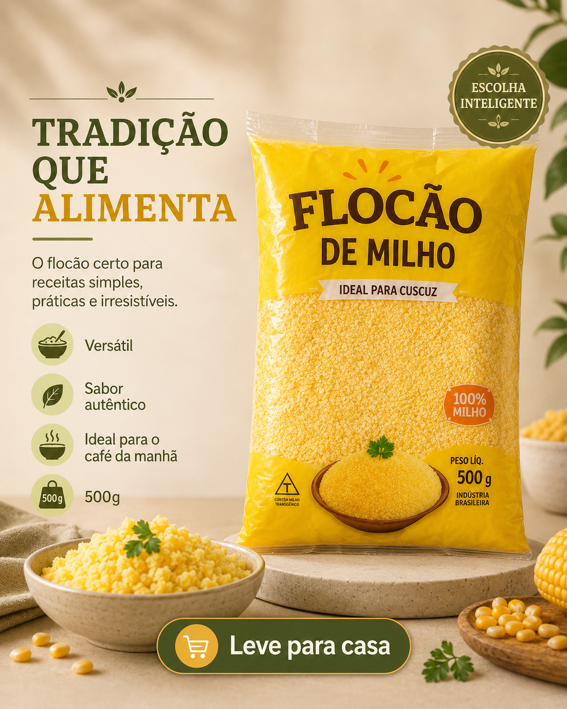 Criativo de anúncio gerado com prompt da biblioteca Promptuai: flocão de milho