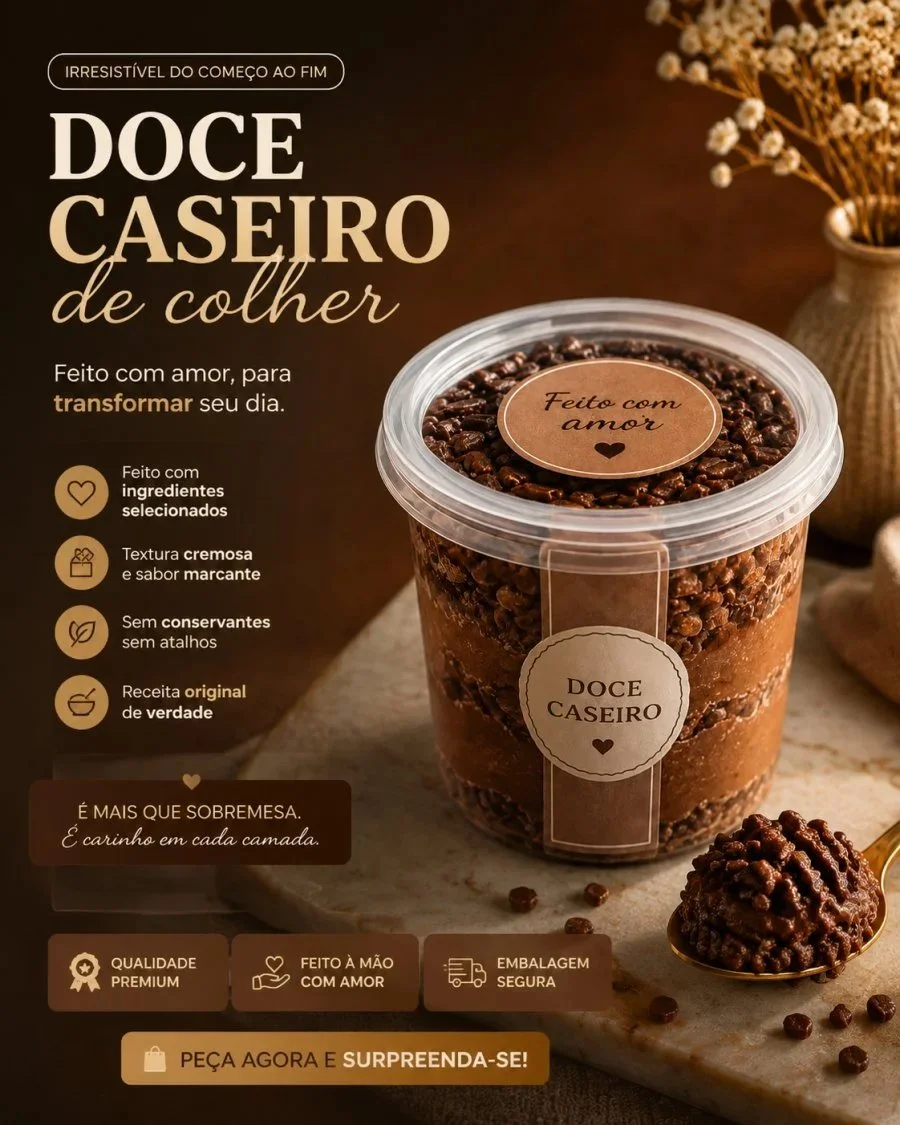 Criativo de anúncio de doce caseiro gerado com prompt da biblioteca Promptuai