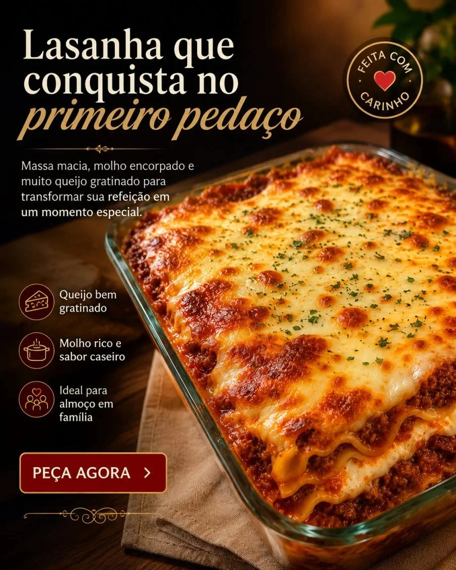 Criativo de anúncio de lasanha gerado com prompt da biblioteca Promptuai